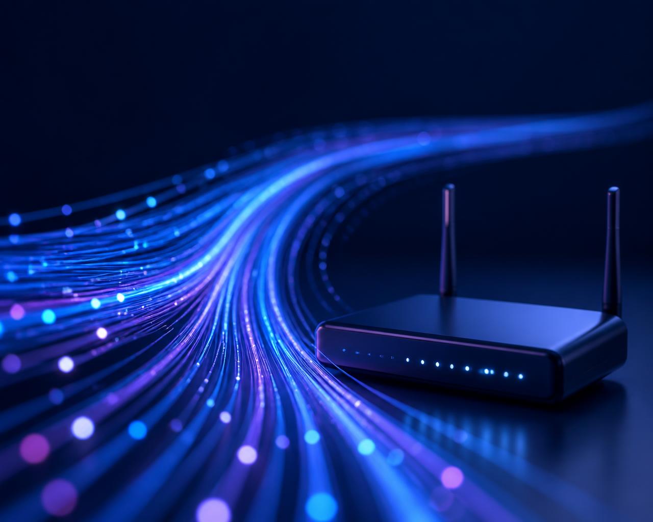 Ilustração de cabos de fibra óptica ligados a um router de alta velocidade